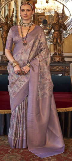 Purple and Violet color Saree in Silk fabric with Printed, Weaving work