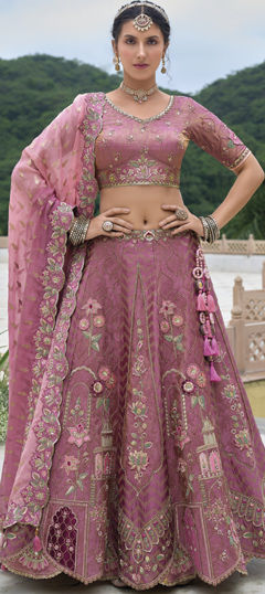 Pink and Majenta color Lehenga in Silk fabric with Embroidered, Resham, Sequence, Thread, Zari work