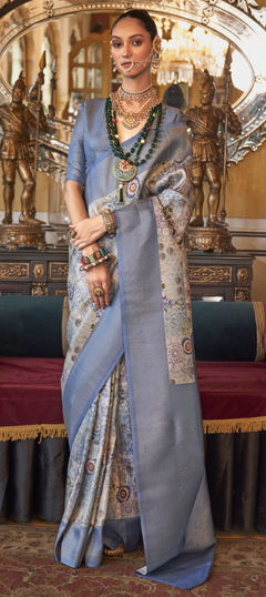 Festive, Traditional Blue color Saree in Silk fabric with South Printed, Weaving work : 1976691