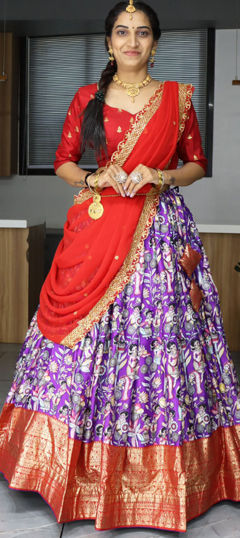 Festive, Party Wear, Reception Purple and Violet color Lehenga in Silk fabric with Flared Printed, Weaving work : 1976709