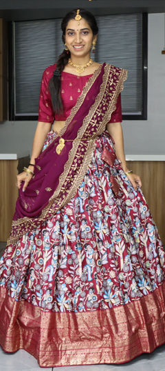 Festive, Party Wear, Reception Red and Maroon color Lehenga in Silk fabric with Flared Printed, Weaving work : 1976710