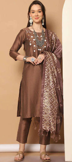 Beige and Brown color Salwar Kameez in Cotton fabric with Embroidered work