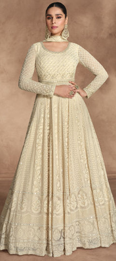 Beige and Brown color Gown in Georgette fabric with Embroidered, Thread work