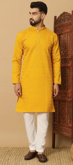 Festive, Party Wear Yellow color Kurta Pyjamas in Blended Cotton fabric with Sequence, Thread work : 1976809