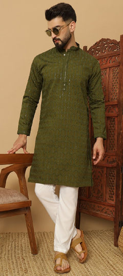 Festive, Party Wear Green color Kurta Pyjamas in Blended Cotton fabric with Sequence, Thread work : 1976811