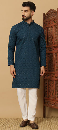 Festive, Party Wear Blue color Kurta Pyjamas in Blended Cotton fabric with Sequence, Thread work : 1976813