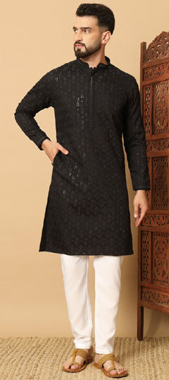 Festive, Party Wear Black and Grey color Kurta Pyjamas in Blended Cotton fabric with Sequence, Thread work : 1976816