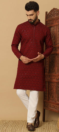 Festive, Party Wear Red and Maroon color Kurta Pyjamas in Blended Cotton fabric with Sequence, Thread work : 1976817