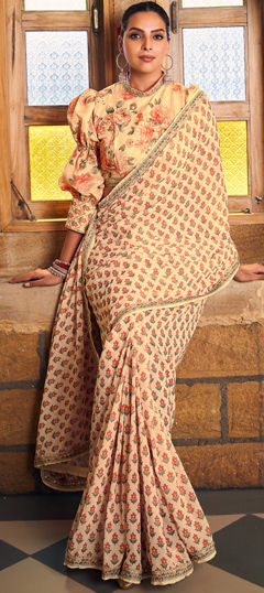 Yellow color Readymade Saree in Georgette fabric with Digital Print, Lace work
