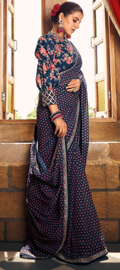 Blue color Readymade Saree in Georgette fabric with Digital Print, Lace work