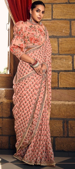 Pink and Majenta color Readymade Saree in Georgette fabric with Digital Print, Lace work