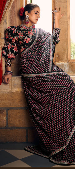 Black and Grey color Readymade Saree in Georgette fabric with Digital Print, Lace work