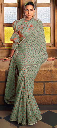 Black and Grey color Readymade Saree in Georgette fabric with Digital Print, Lace work
