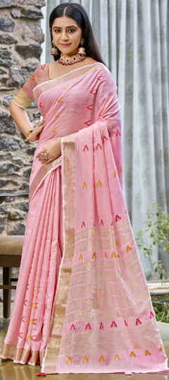 Pink and Majenta color Saree in Cotton fabric with Weaving work