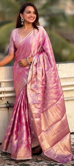 Pink and Majenta color Saree in Tissue fabric with Weaving, Zari work