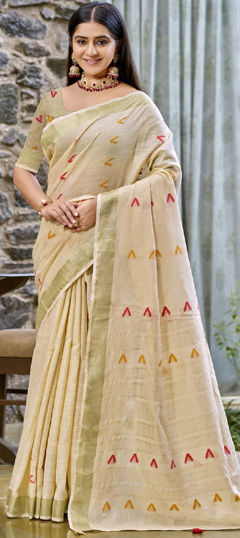 Beige and Brown color Saree in Cotton fabric with Weaving work