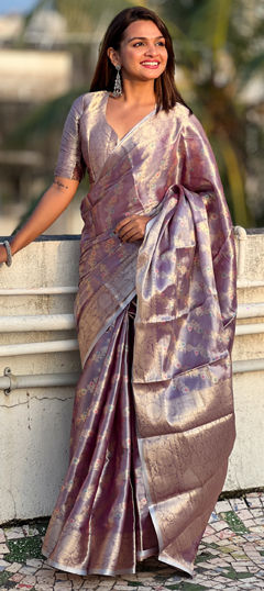 Purple and Violet color Saree in Tissue fabric with Weaving, Zari work