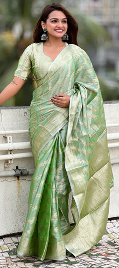 Green color Saree in Tissue fabric with Weaving, Zari work