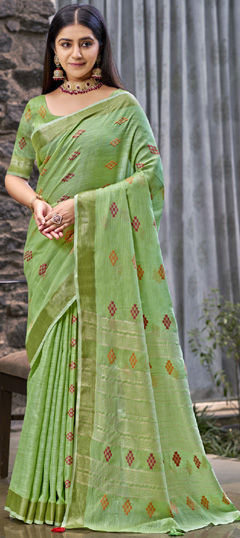 Green color Saree in Linen fabric with Weaving work