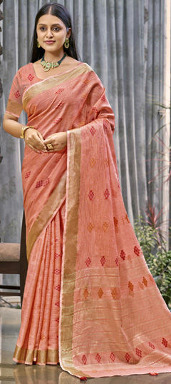 Orange color Saree in Linen fabric with Weaving work