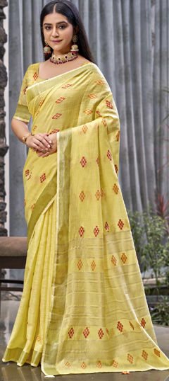 Yellow color Saree in Linen fabric with Weaving work