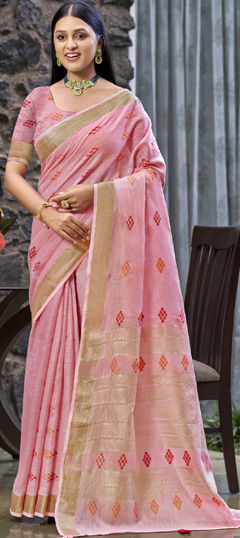 Pink and Majenta color Saree in Linen fabric with Weaving work