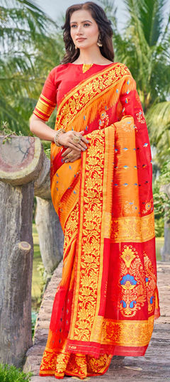 Red and Maroon color Saree in Silk cotton fabric with Thread, Weaving work