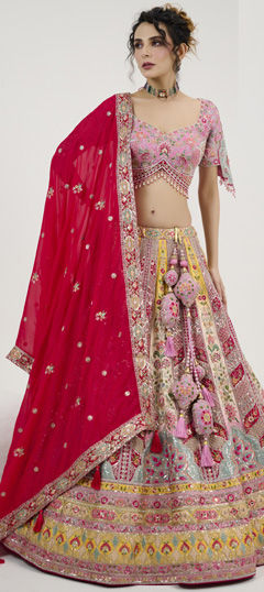 Red and Maroon color Ready to Wear Lehenga in Silk fabric with Embroidered, Sequence, Thread work