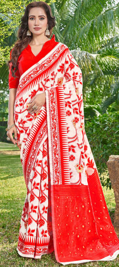 Red and Maroon color Saree in Silk cotton fabric with Thread, Weaving work