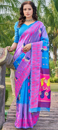 Blue color Saree in Silk cotton fabric with Thread, Weaving work