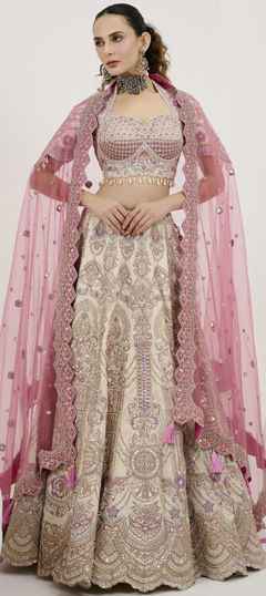Beige and Brown color Ready to Wear Lehenga in Tussar Silk fabric with Embroidered, Sequence, Thread work