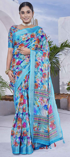 Blue color Saree in Linen fabric with Digital Print, Floral work