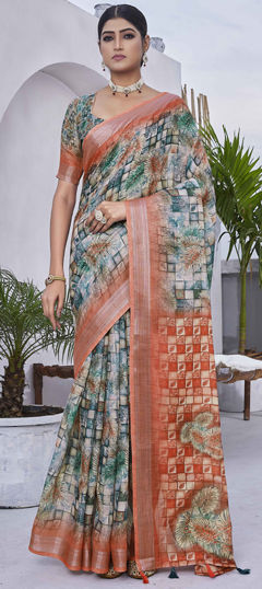 Green color Saree in Linen fabric with Digital Print, Floral work