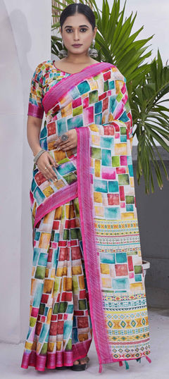 Pink and Majenta color Saree in Linen fabric with Digital Print work