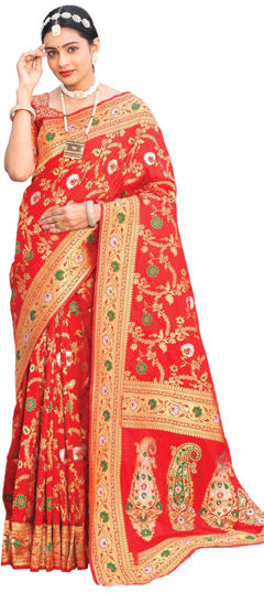 Red and Maroon color Saree in Silk fabric with Weaving, Zari work