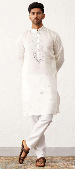 Party Wear White and Off White color Kurta Pyjamas in Silk cotton fabric with Embroidered work : 1976937