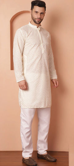 Party Wear Beige and Brown color Kurta Pyjamas in Cotton fabric with Embroidered work : 1976938