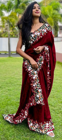 Red and Maroon color Saree in Art Silk fabric with Embroidered, Sequence, Thread work