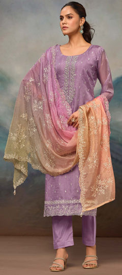 Purple and Violet color Salwar Kameez in Organza Silk fabric with Embroidered, Stone, Swarovski, Thread work