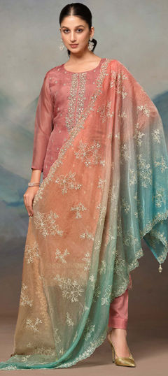 Pink and Majenta color Salwar Kameez in Organza Silk fabric with Embroidered, Stone, Swarovski, Thread work