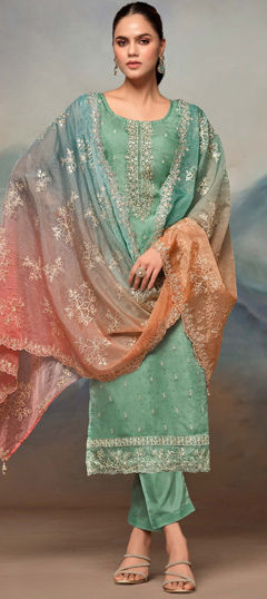 Green color Salwar Kameez in Organza Silk fabric with Embroidered, Stone, Swarovski, Thread work