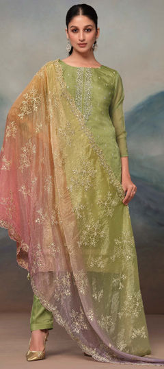 Green color Salwar Kameez in Organza Silk fabric with Embroidered, Stone, Swarovski, Thread work