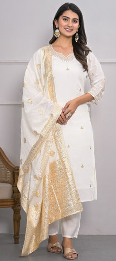 White and Off White color Salwar Kameez in Viscose fabric with Embroidered, Sequence, Thread work