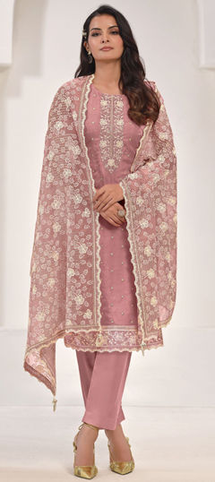 Pink and Majenta color Salwar Kameez in Organza Silk fabric with Embroidered, Resham, Sequence, Thread work