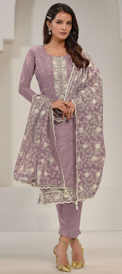 Purple and Violet color Salwar Kameez in Organza Silk fabric with Embroidered, Resham, Sequence, Thread work