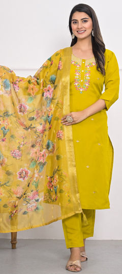 Yellow color Salwar Kameez in Viscose fabric with Embroidered, Sequence, Thread work