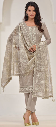 Beige and Brown color Salwar Kameez in Organza Silk fabric with Embroidered, Resham, Sequence, Thread work