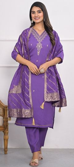 Purple and Violet color Salwar Kameez in Viscose fabric with Embroidered, Sequence, Thread work