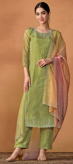 Green color Salwar Kameez in Organza Silk fabric with Stone work