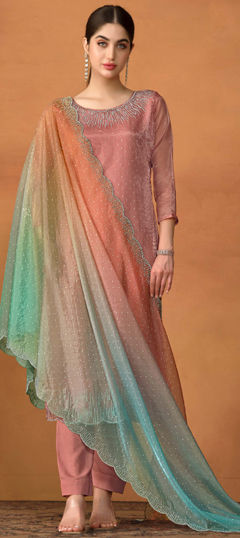 Pink and Majenta color Salwar Kameez in Organza Silk fabric with Stone work